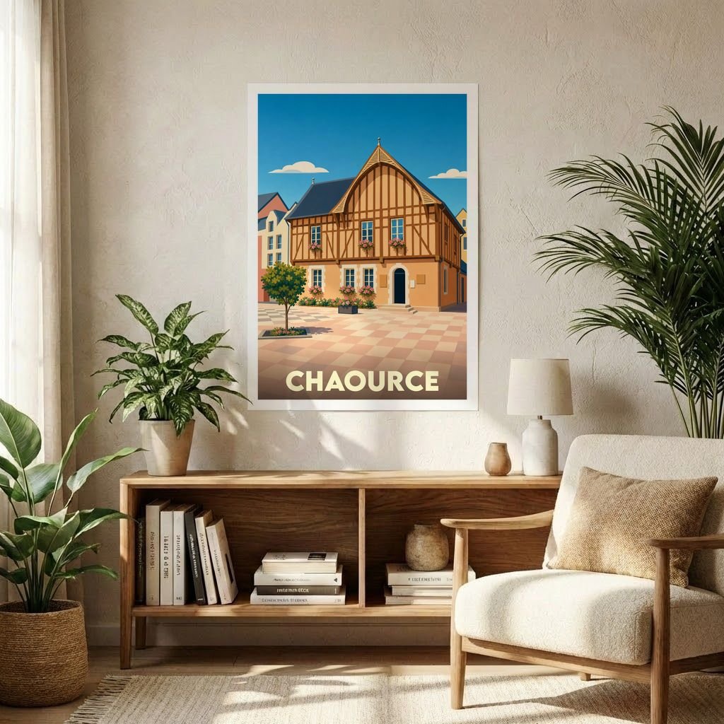 Affiche souvenir de la ville de Chaource avec une illustration stylisée d'un bâtiment à colombages.