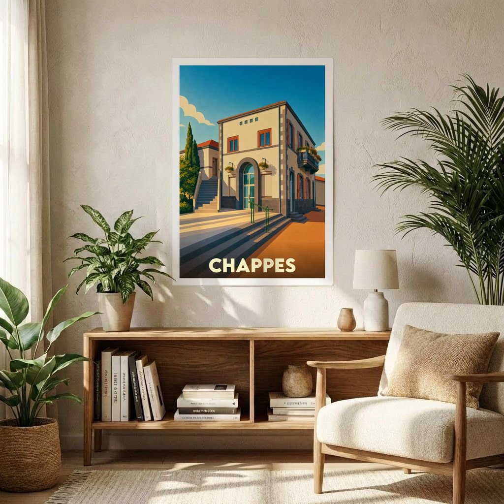 Affiche souvenir de la ville de Chappes illustrant un bâtiment ensoleillé dans un style vintage épuré.