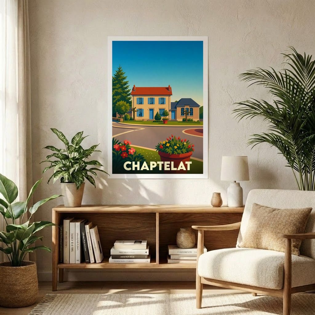 Affiche souvenir de la ville de Chaptelat avec une illustration stylisée et colorée de ses maisons traditionnelles.