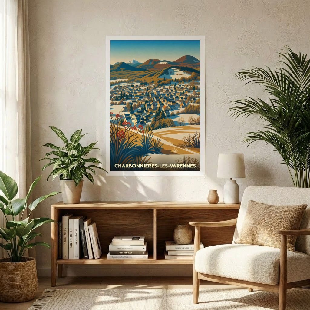 Affiche souvenir de la ville de Charbonnières-les-Varennes avec une illustration stylisée de son paysage montagneux enneigé.