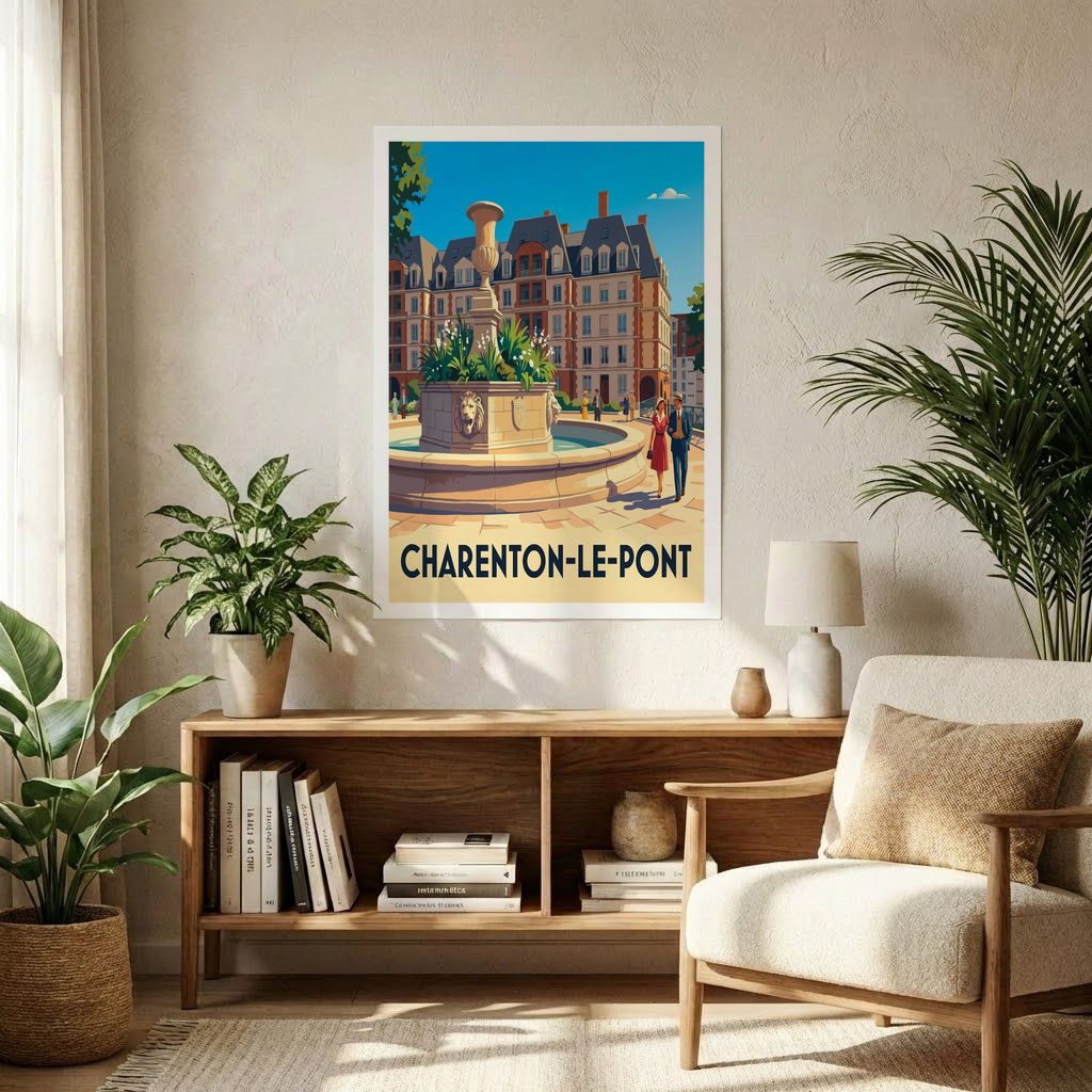 Affiche souvenir de la ville de Charenton-le-Pont avec une illustration stylisée d'une place avec fontaine.