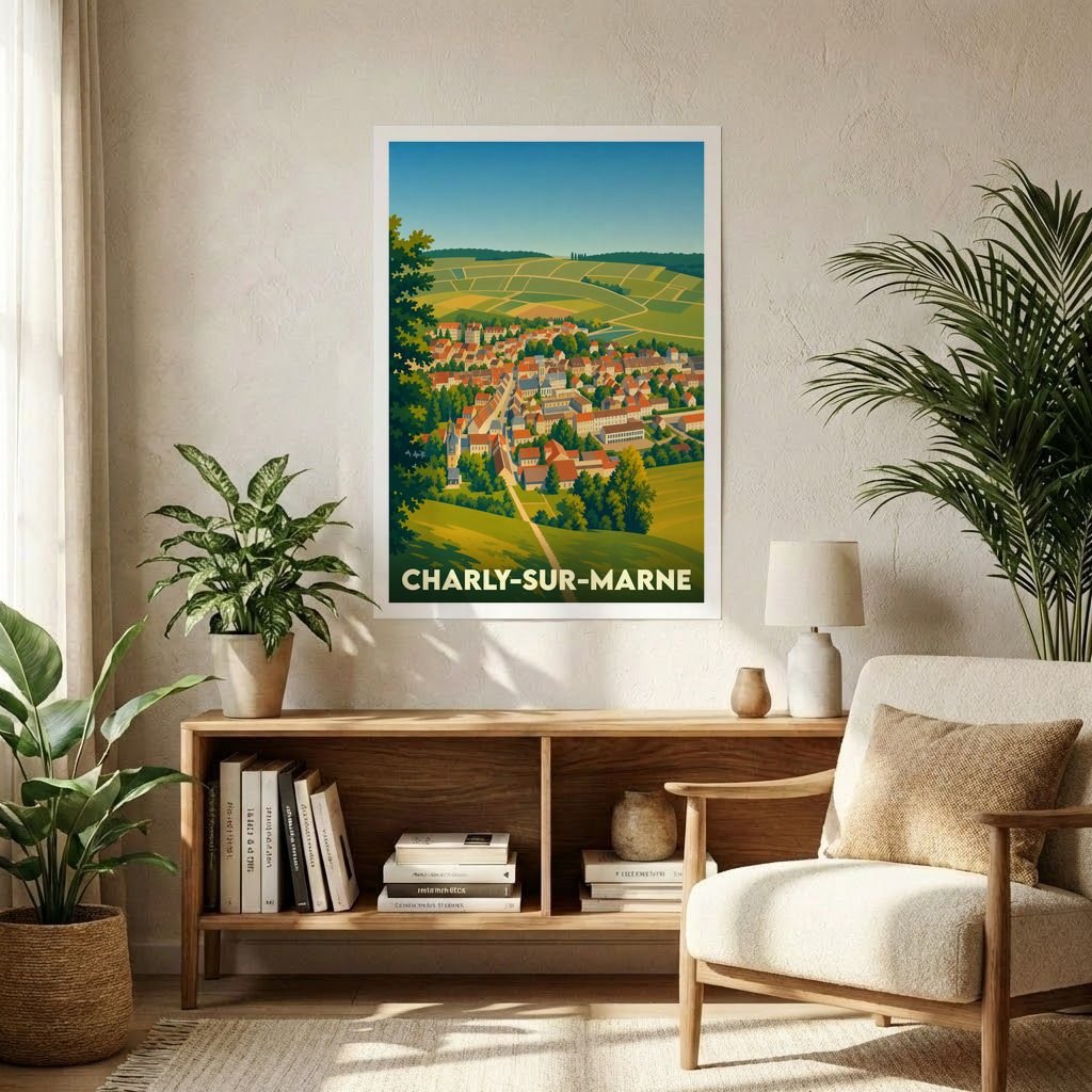 Affiche souvenir de la ville de Charly-sur-Marne avec une illustration stylisée de ses paysages et vignobles.
