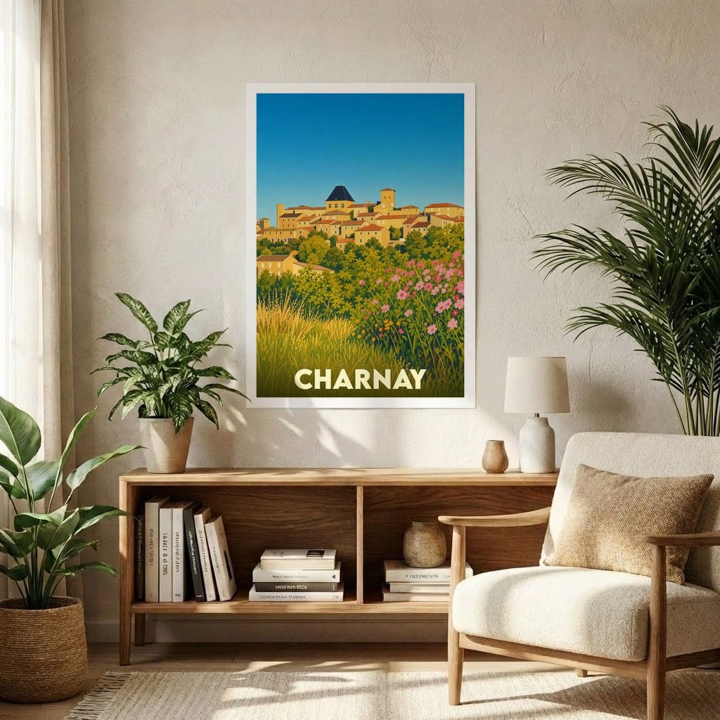 Affiche souvenir de la ville de Charnay avec une illustration stylisée d'un village perché sous un ciel bleu.