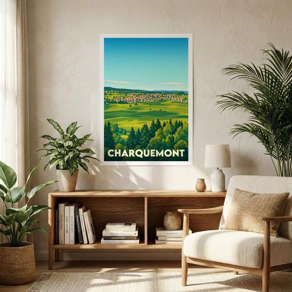 Affiche souvenir de la ville de Charquemont avec une illustration stylisée d'un paysage verdoyant.