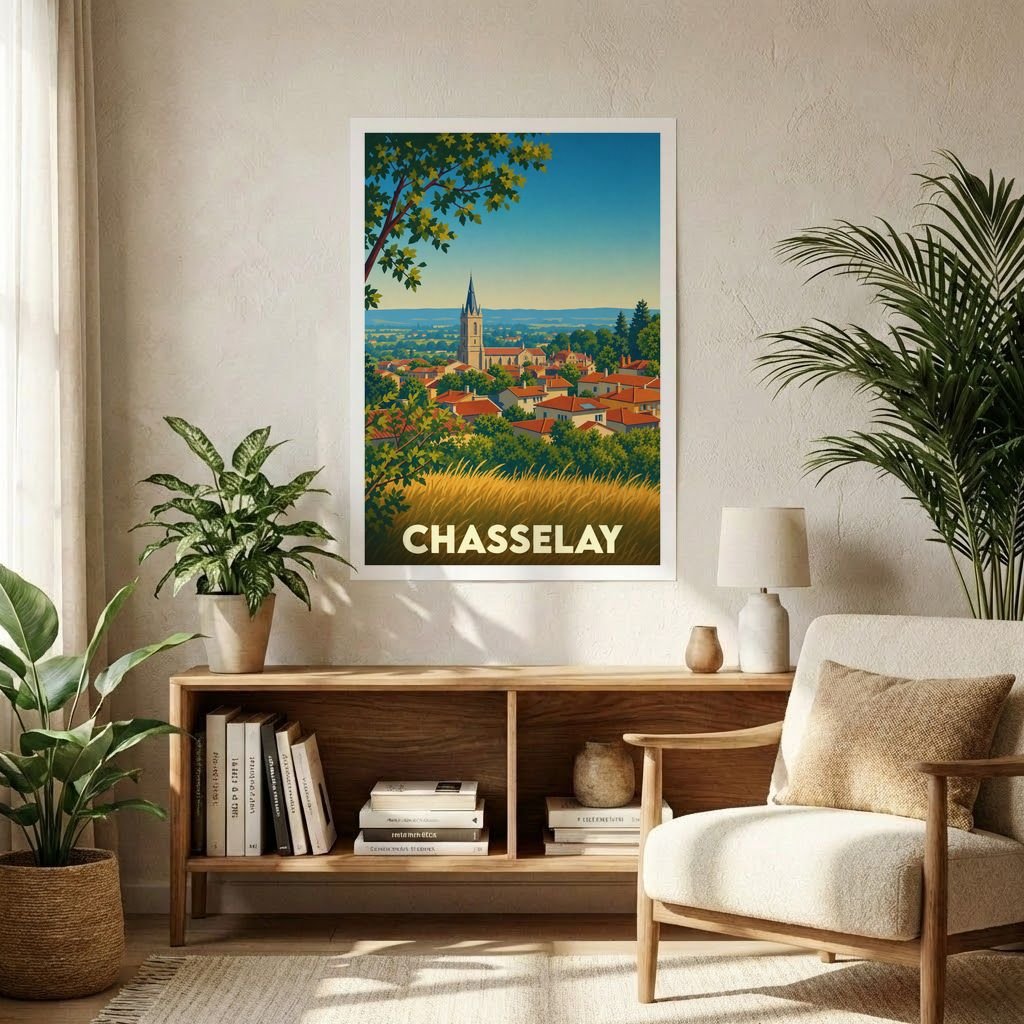 Affiche souvenir de la ville de Chasselay représentant une vue panoramique illustrée du village et de son clocher.