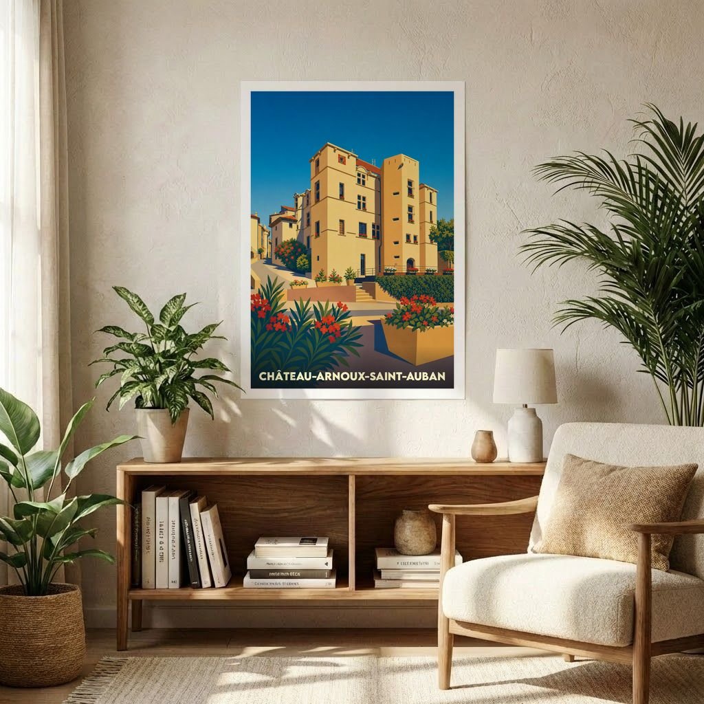 Affiche souvenir de la ville de Château-Arnoux-Saint-Auban présentant une illustration stylisée de son architecture locale.