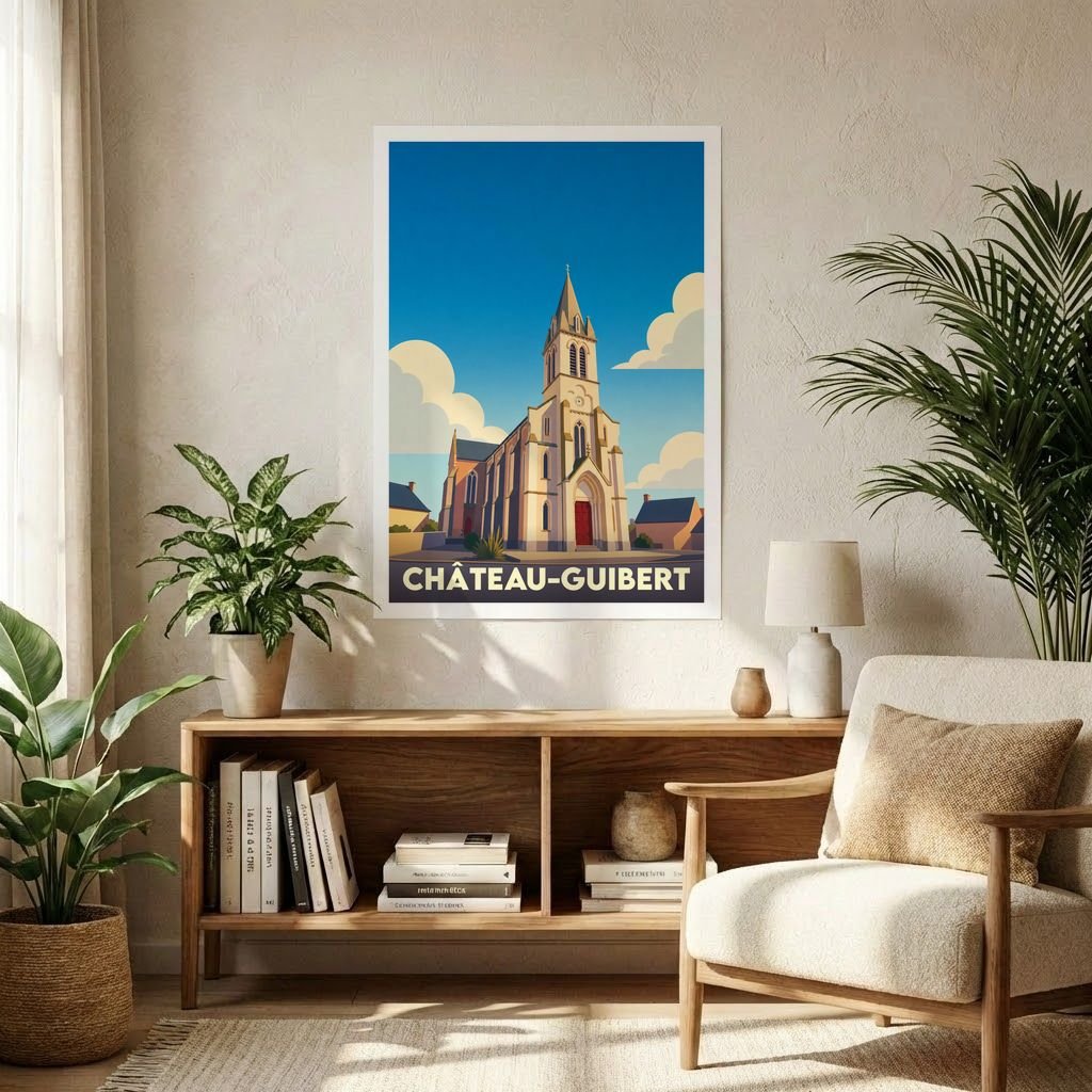 Affiche souvenir de la ville de Château-Guibert avec une illustration stylisée de son église sous un ciel bleu.