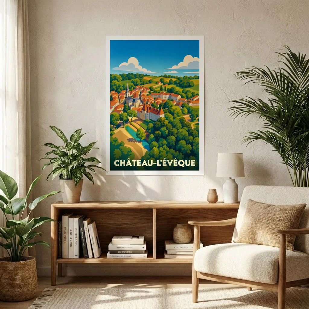 Affiche souvenir de la ville de Château-l’Évêque avec une illustration stylisée d’un paysage champêtre.