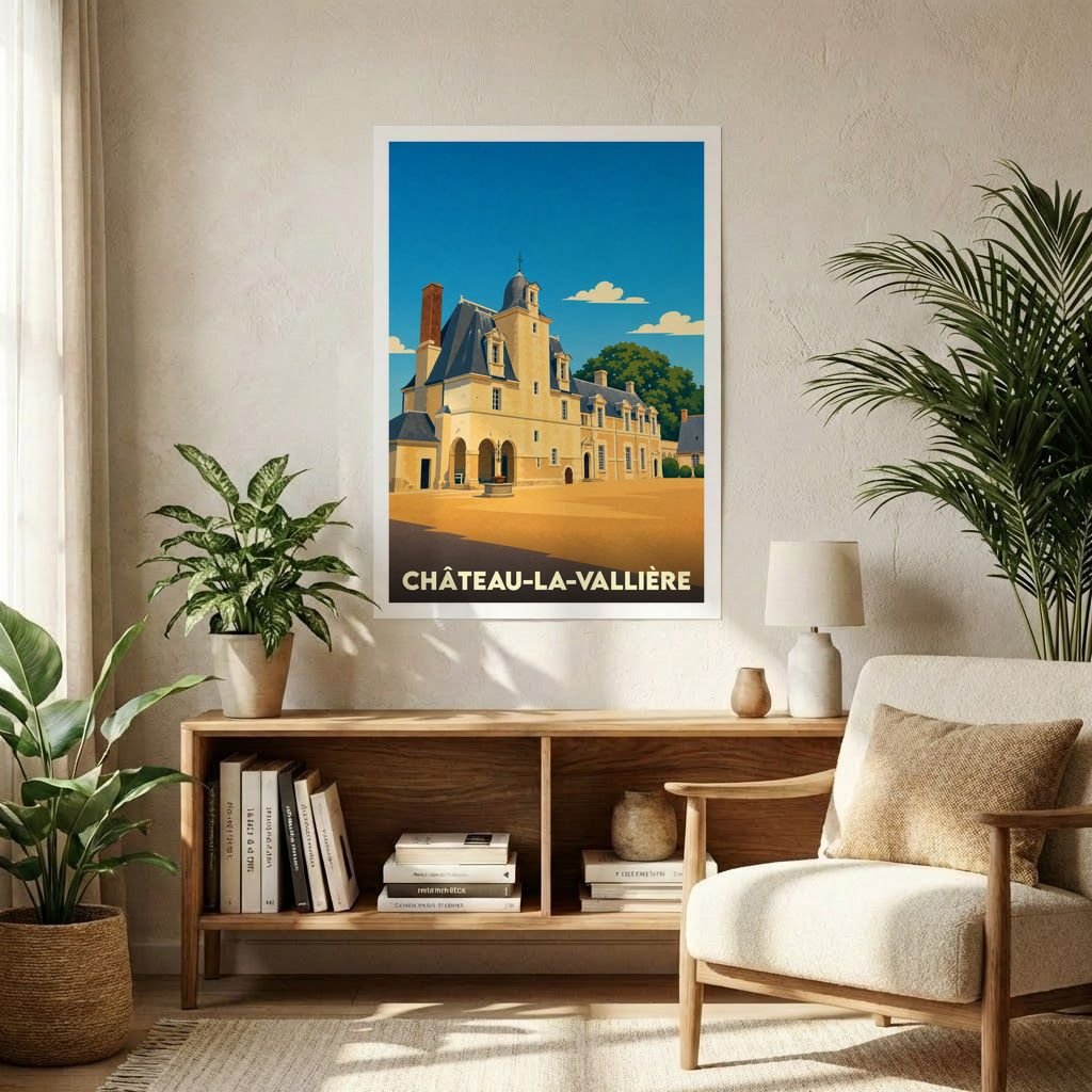 Affiche souvenir de la ville de Château-la-Vallière avec une illustration stylisée de son patrimoine architectural.