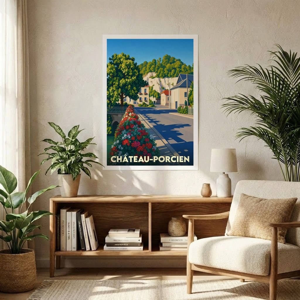 Affiche souvenir de la ville de Château-Porcien avec une illustration stylisée et colorée.