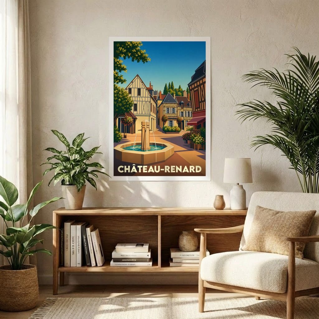Affiche souvenir de la ville de Château-Renard avec une illustration stylisée d'une place ensoleillée et sa fontaine.