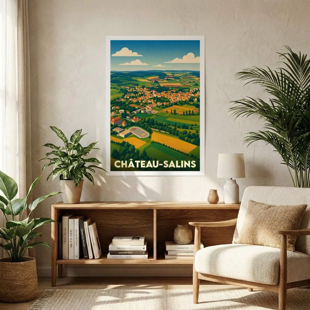 Affiche souvenir de la ville de Château-Salins avec une illustration stylisée de son paysage vallonné.