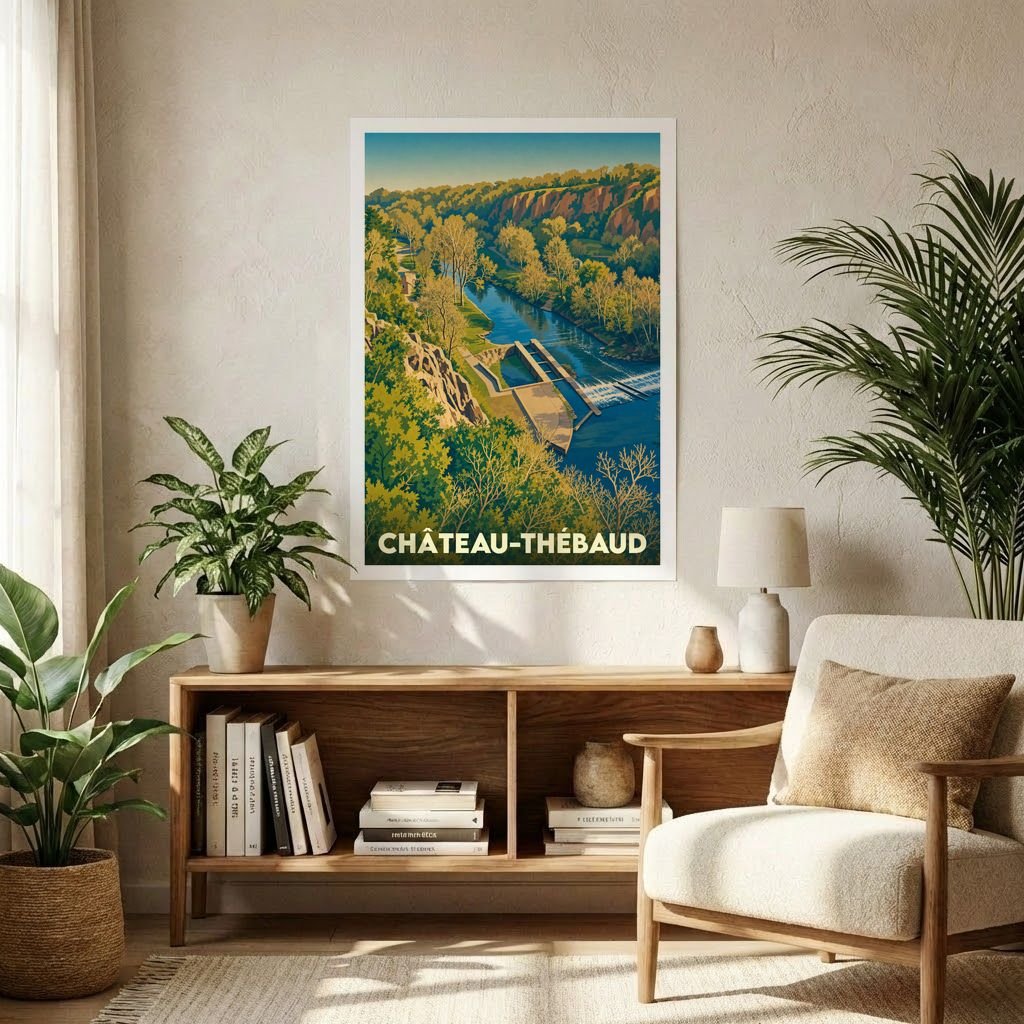 Affiche souvenir de la ville de Château-Thébaud avec une illustration stylisée d'un paysage de rivière et de falaises.