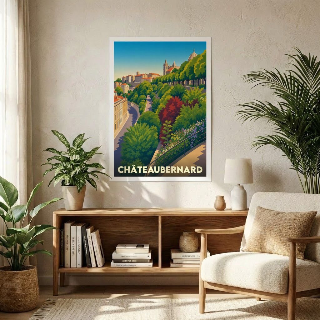 Affiche souvenir de la ville de Châteaubernard avec une illustration paysagère stylisée et colorée.