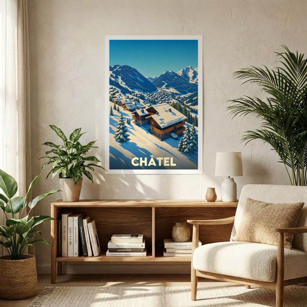 Affiche souvenir de la ville de Châtel avec une illustration stylisée de chalets à la montagne.