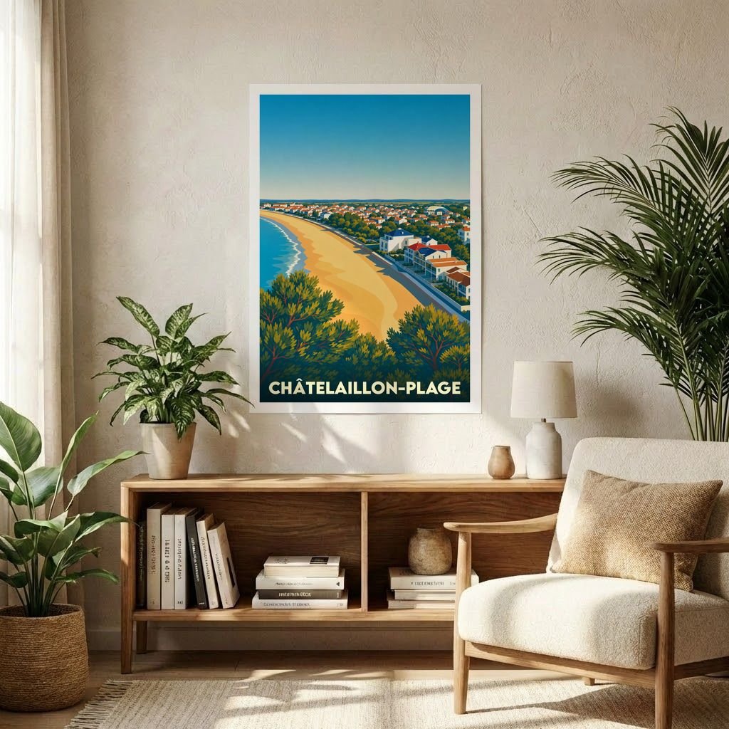 Affiche souvenir de la ville de Châtelaillon-Plage illustrant sa plage et son architecture balnéaire dans un style vintage.