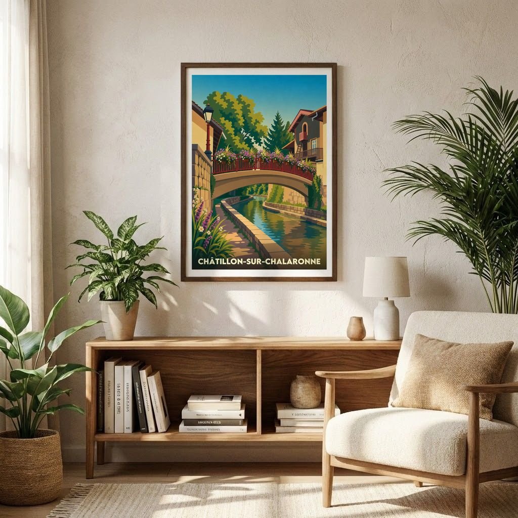 Affiche souvenir de la ville de Châtillon-sur-Chalaronne avec une illustration stylisée d'un pont fleuri enjambant une rivière.