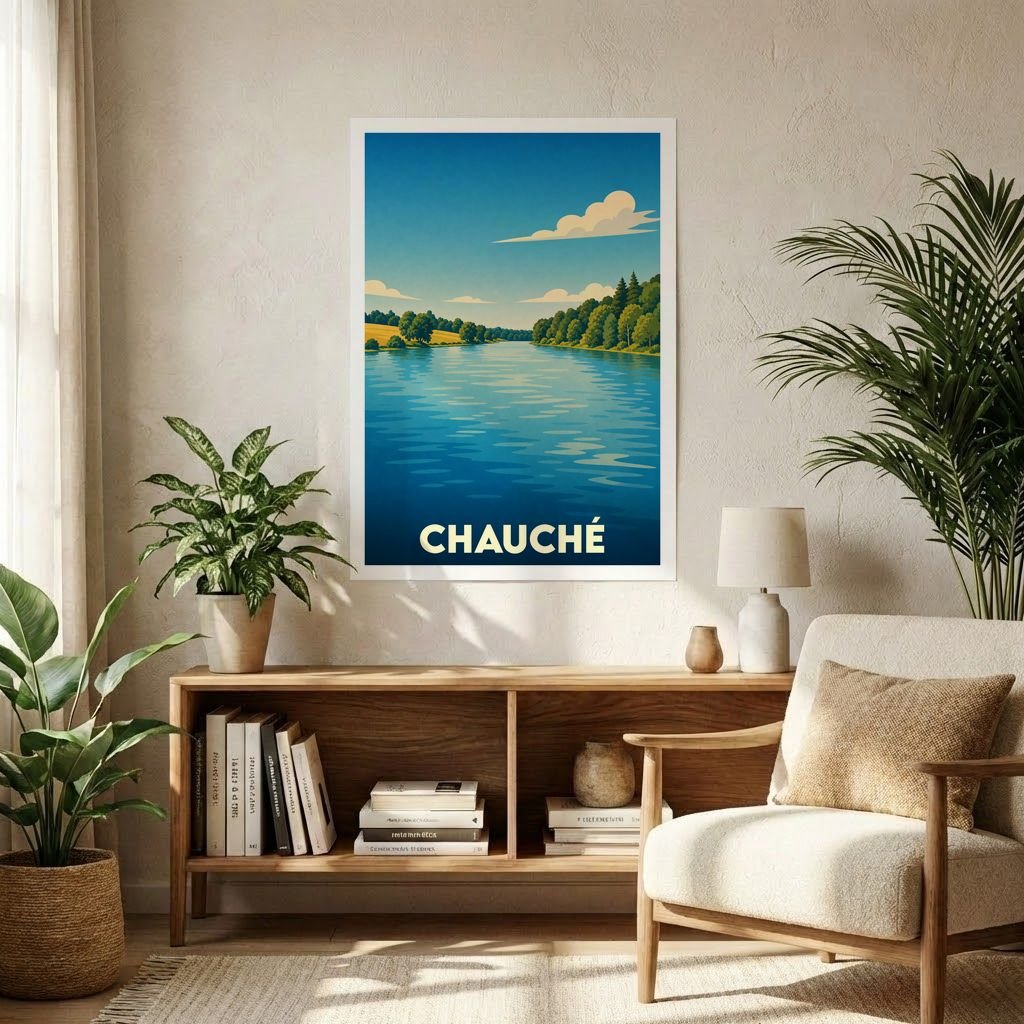 Affiche souvenir de la ville de Chauché représentant un paysage de lac au style vintage.