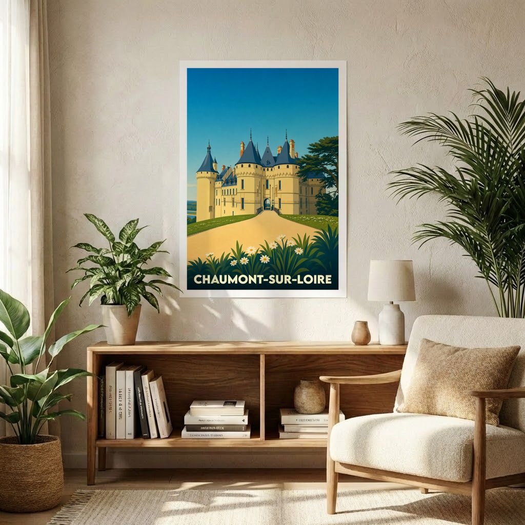Affiche souvenir de la ville de Chaumont-sur-Loire avec une illustration stylisée de son château.