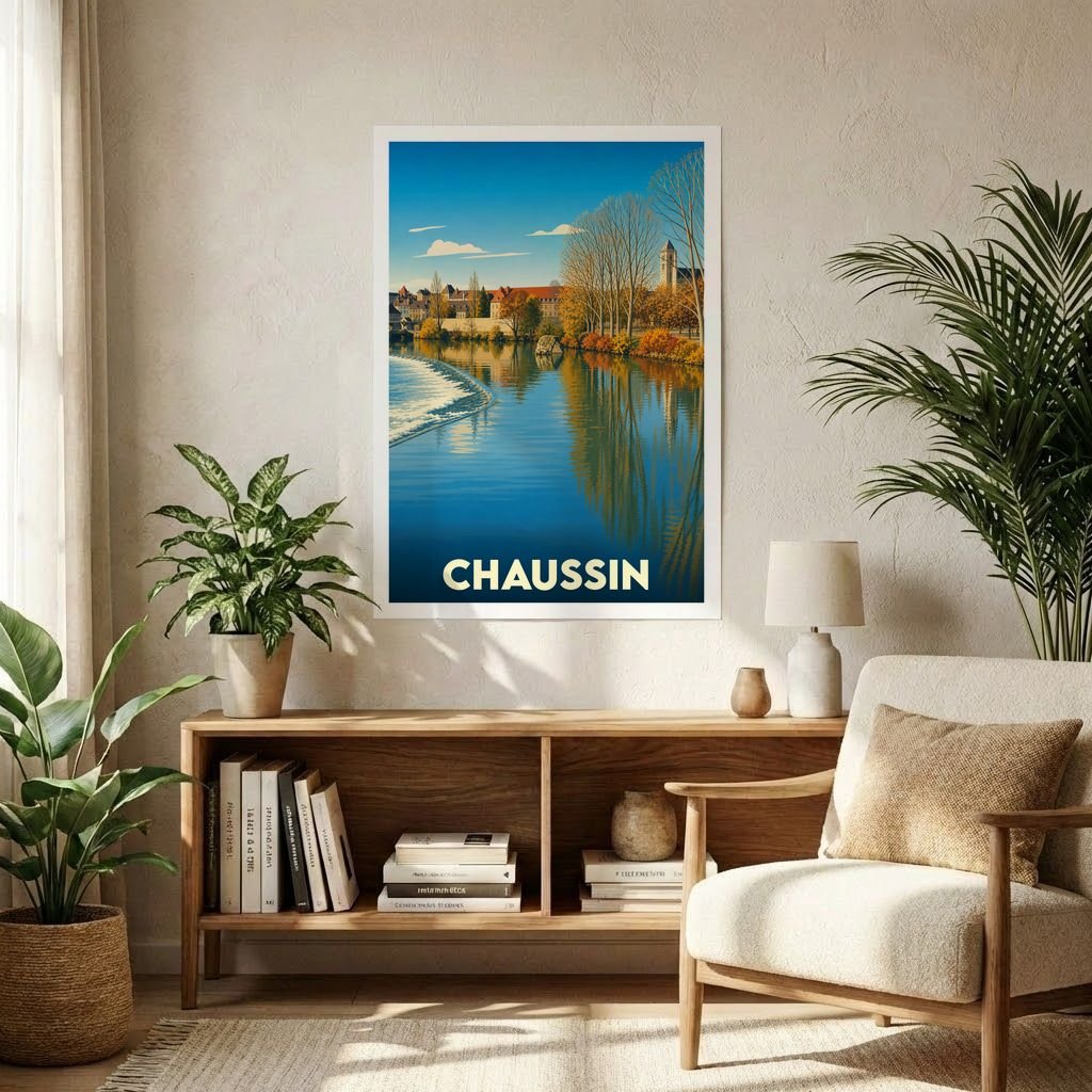 Affiche souvenir de la ville de Chaussin avec une illustration stylisée d'un paysage fluvial.