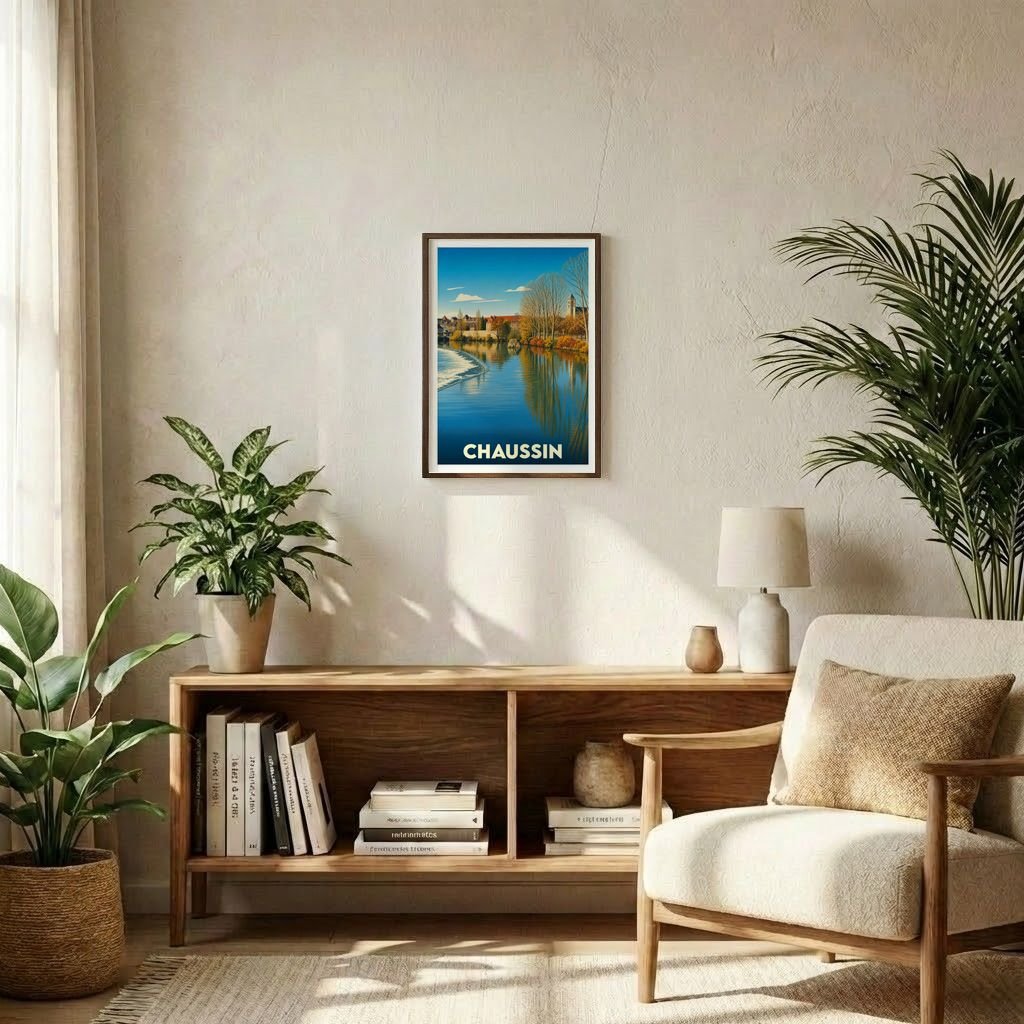 Affiche souvenir de la ville de Chaussin avec une illustration stylisée, présentée dans un cadre en bois.
