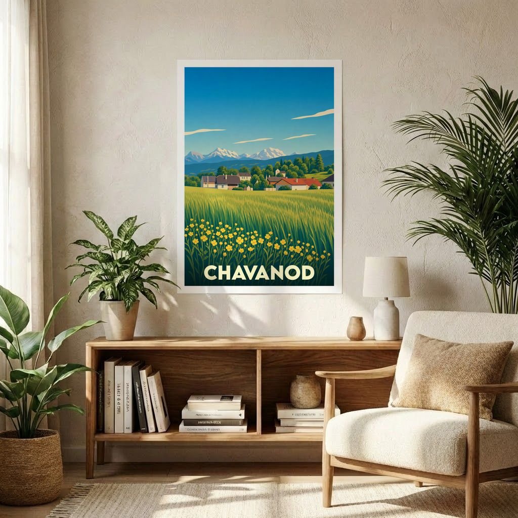 Affiche souvenir de la ville de Chavanod illustrant un paysage de campagne avec les Alpes en arrière-plan.