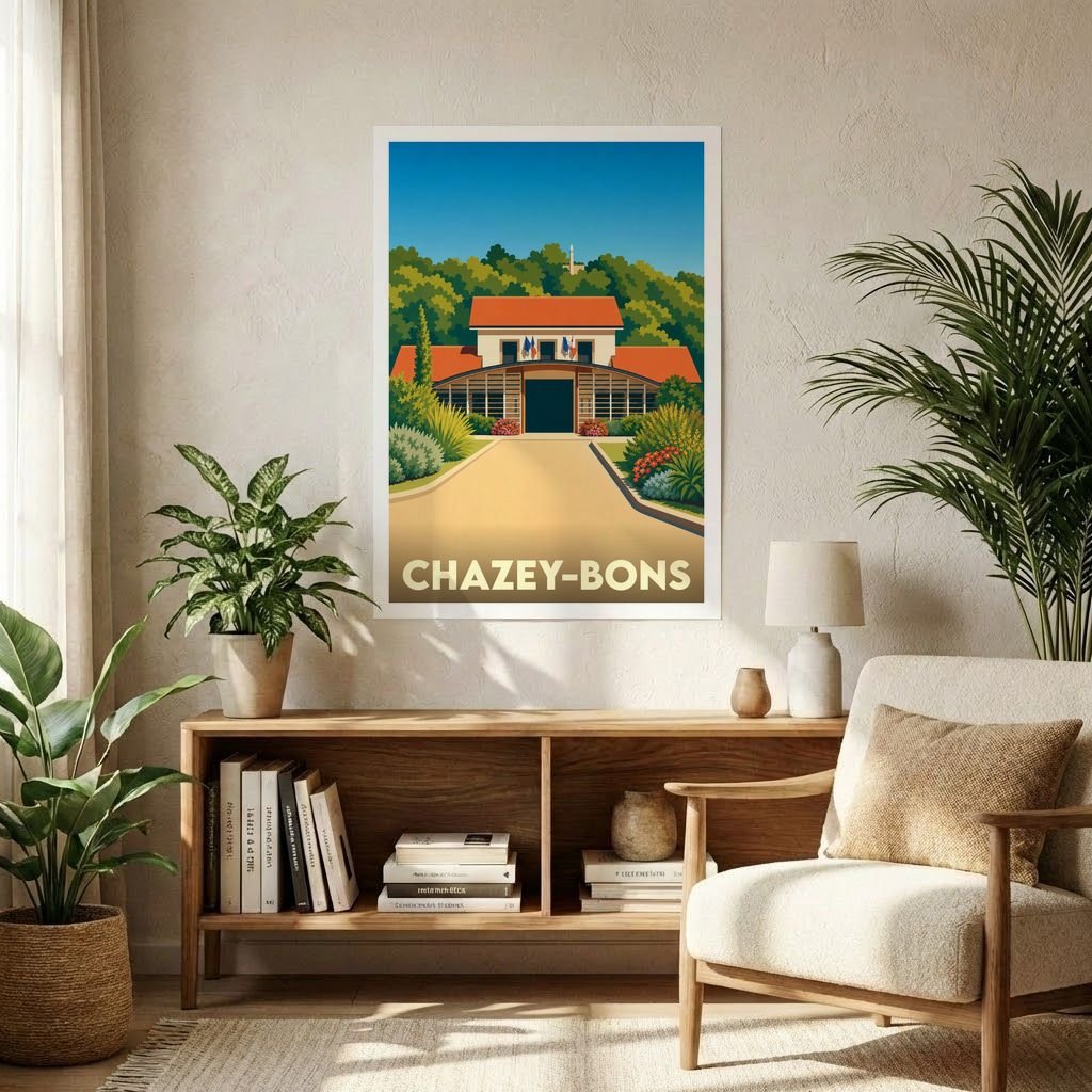 Affiche souvenir de la ville de Chazey-Bons avec une illustration stylisée et colorée de son architecture locale.