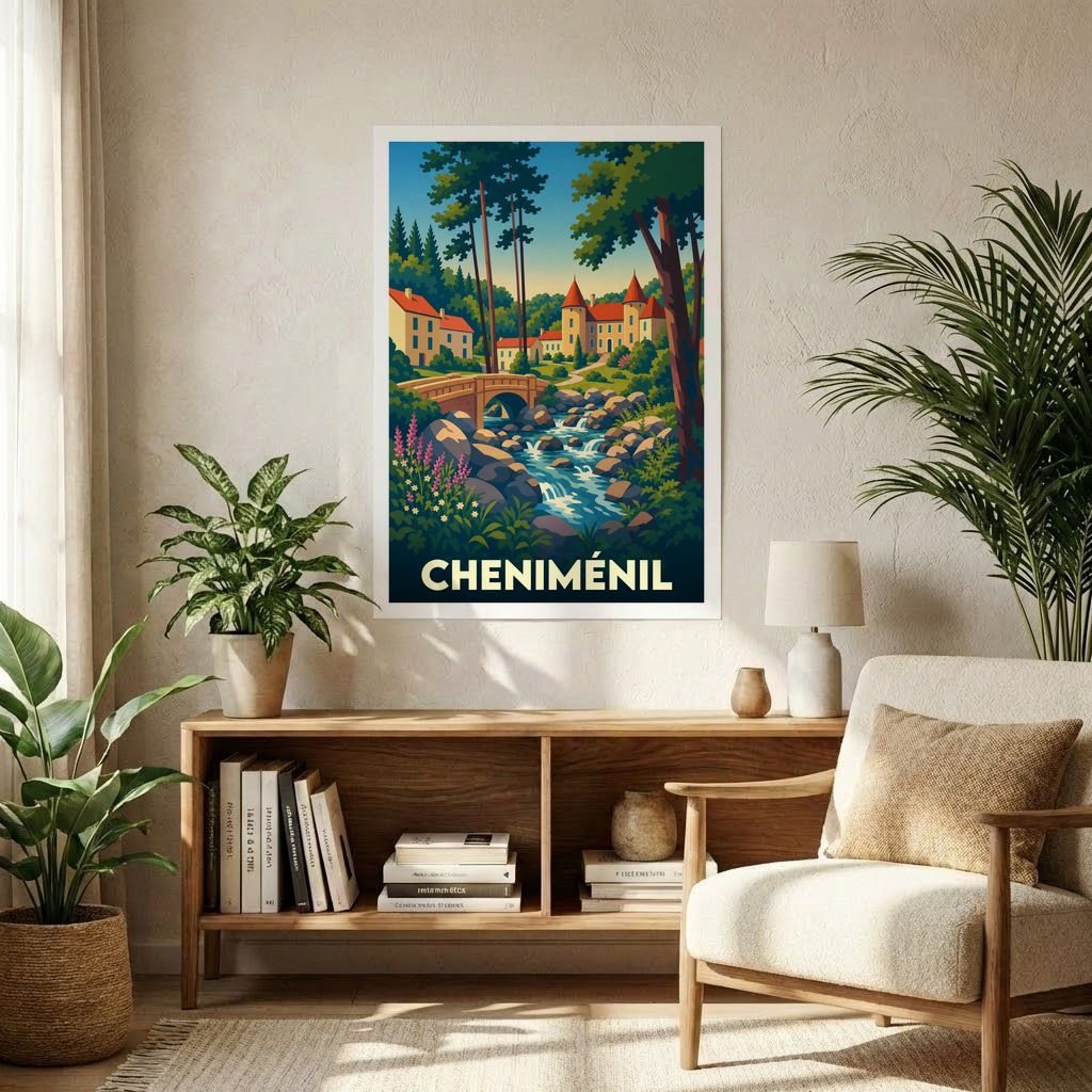 Affiche souvenir de la ville de Cheniménil avec une illustration stylisée représentant un paysage forestier et son cours d'eau.