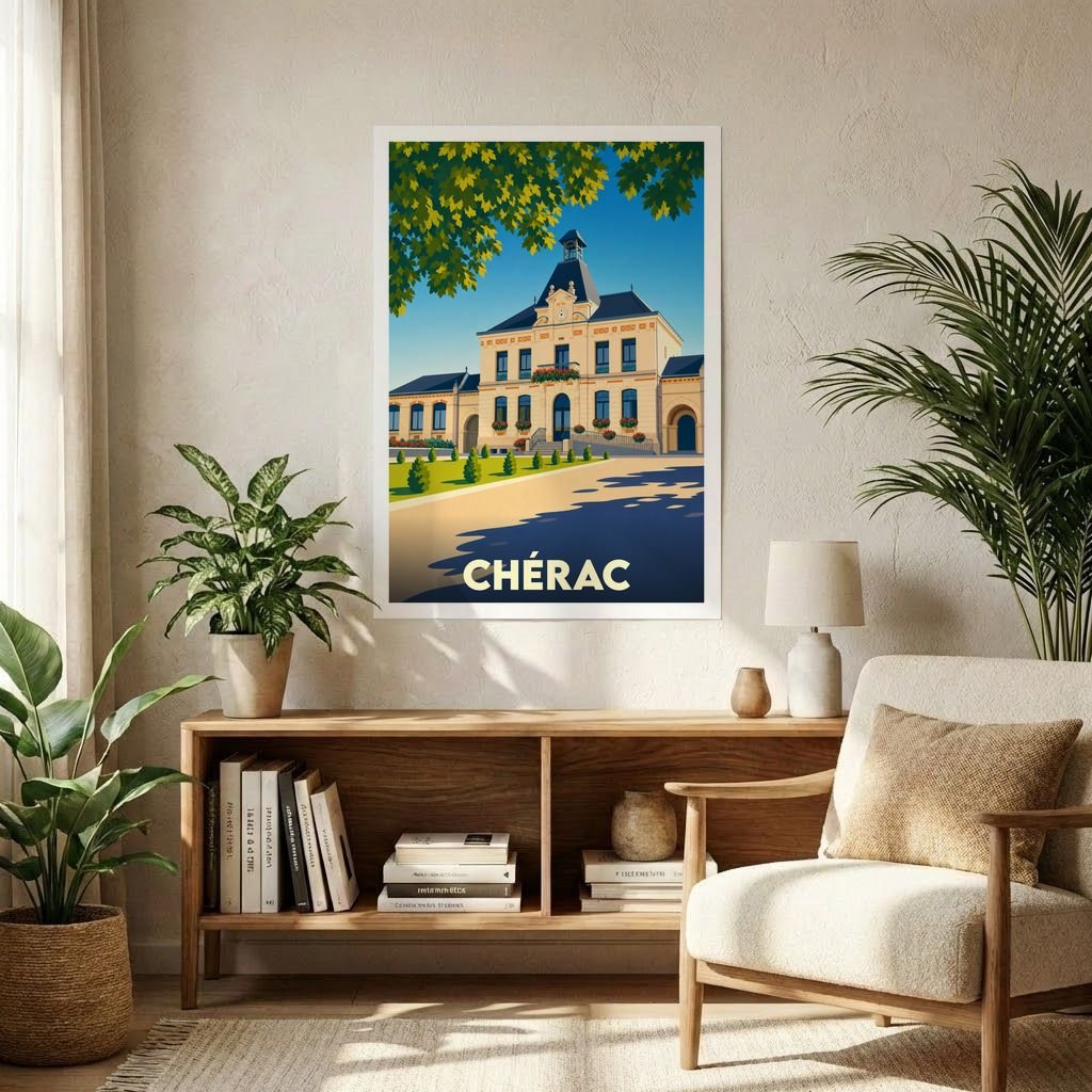 Affiche souvenir de la ville de Chérac avec une illustration stylisée de son hôtel de ville sous un ciel bleu.