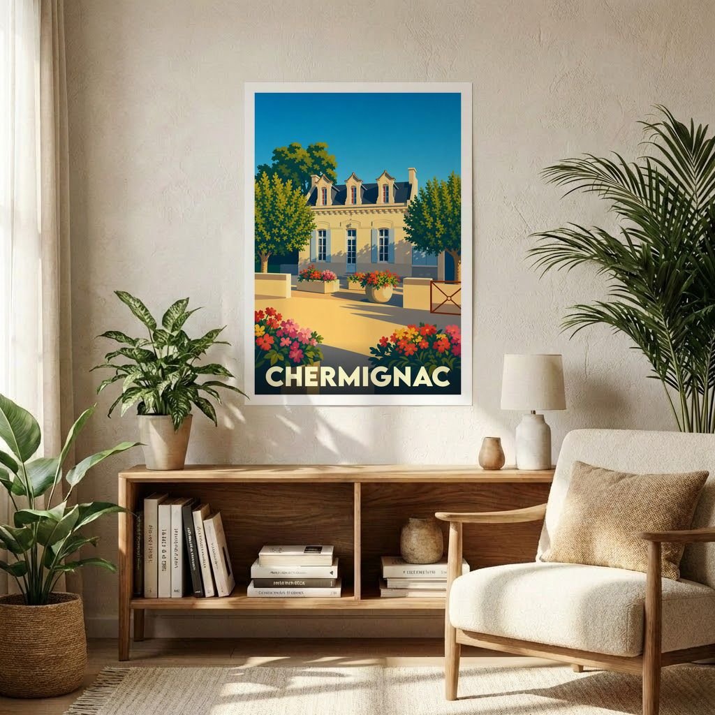 Affiche souvenir de la ville de Chermignac illustrant une demeure charentaise traditionnelle dans un style vintage coloré.