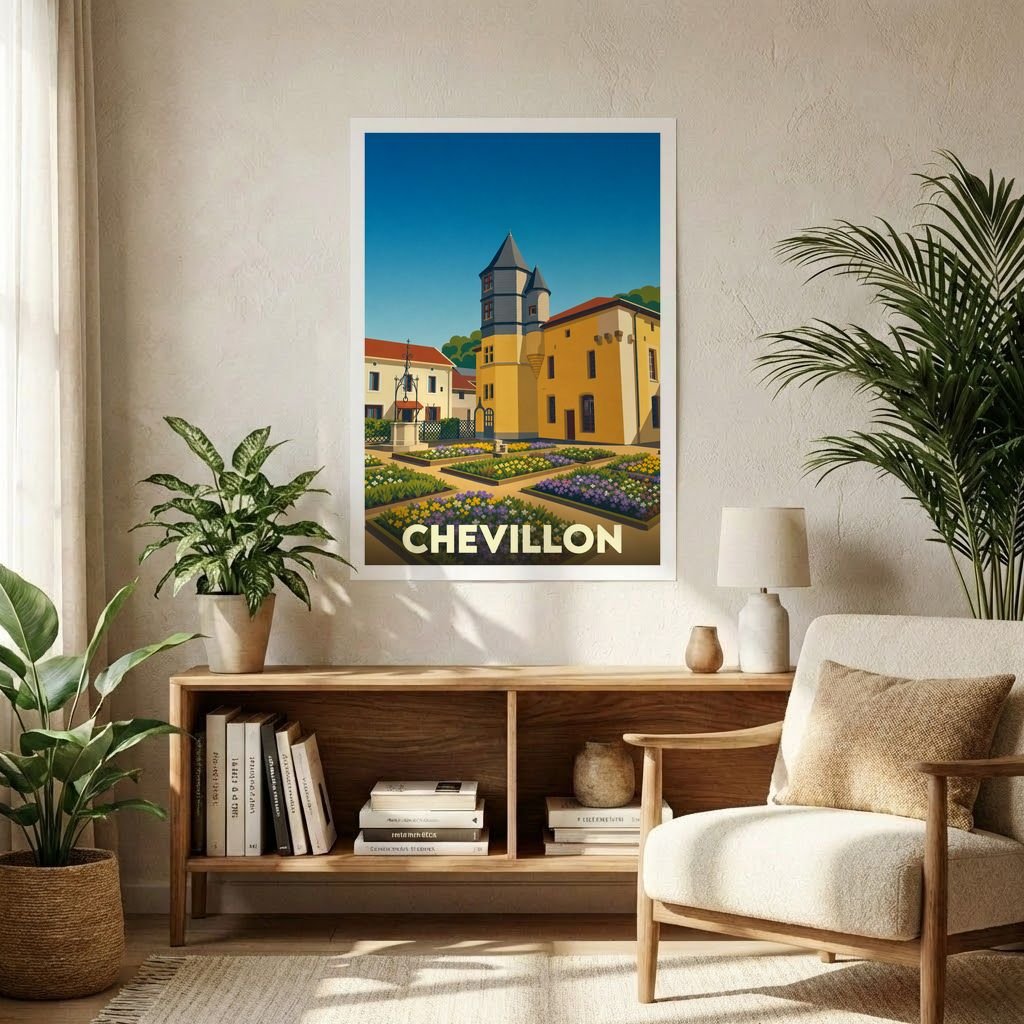 Affiche souvenir de la ville de Chevillon illustrant son patrimoine architectural et ses jardins fleuris dans un style vintage.