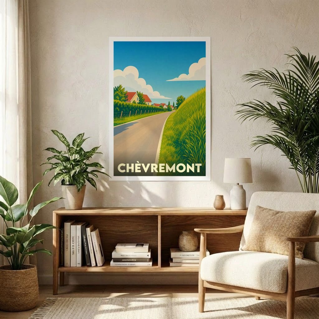 Affiche souvenir de la ville de Chèvremont avec une illustration stylisée d'un paysage de campagne ensoleillé.