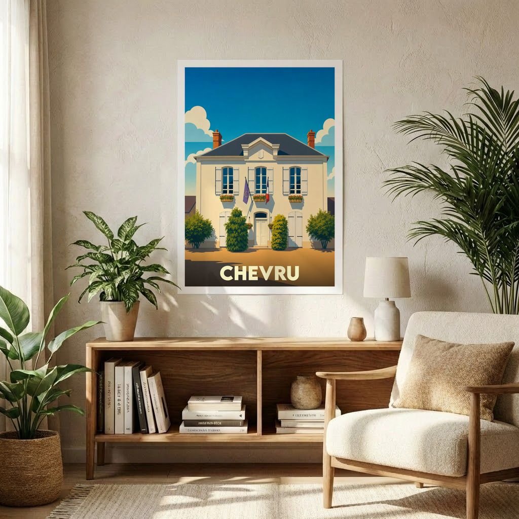 Affiche souvenir de la ville de Chevru représentant une mairie illustrée dans un style vintage.