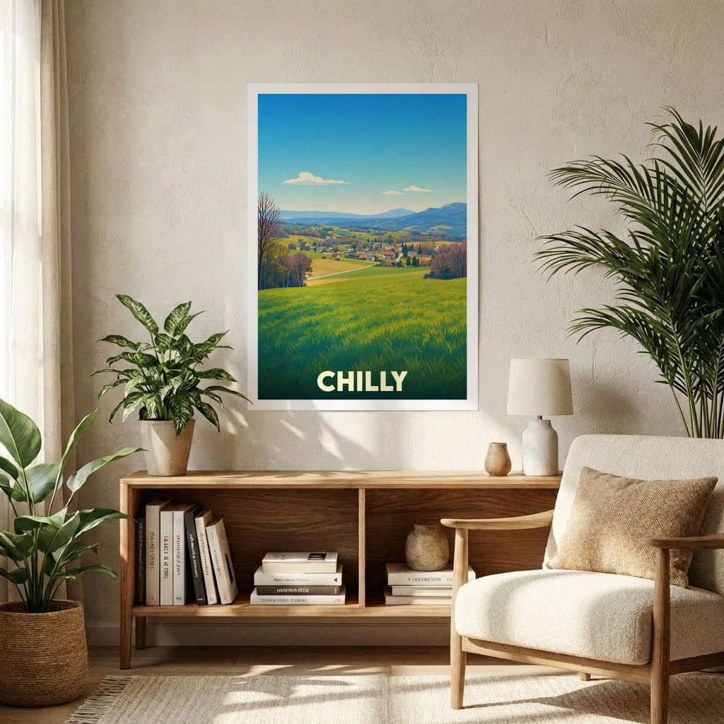 Affiche souvenir de la ville de Chilly avec une illustration stylisée d'un paysage vallonné.