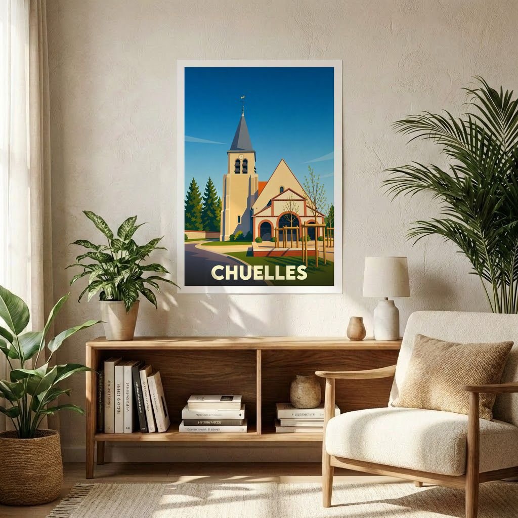 Affiche souvenir de la ville de Chuelles avec une illustration stylisée de son église.