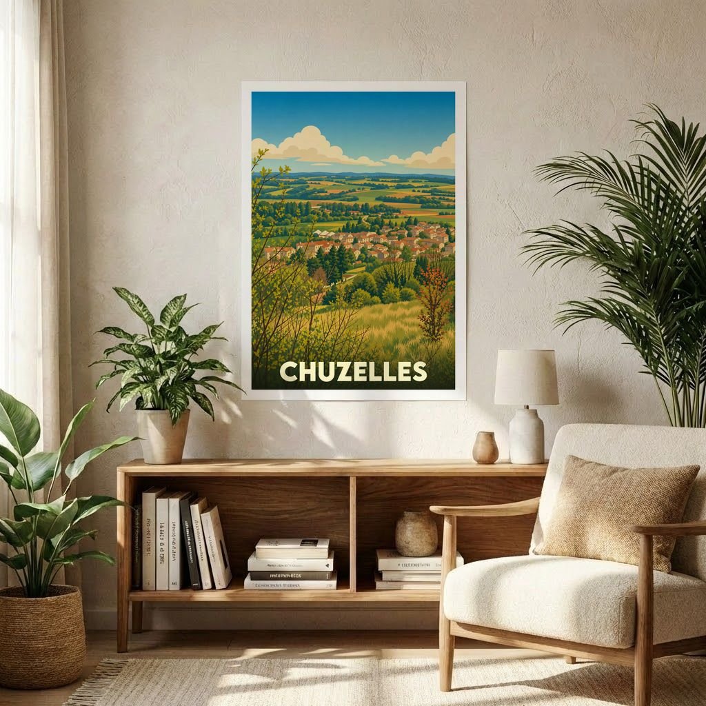Affiche souvenir de la ville de Chuzelles représentant un paysage rural vallonné dans un style rétro.