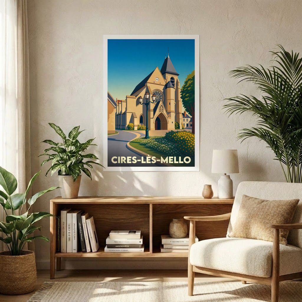 Affiche souvenir de la ville de Cires-lès-Mello avec une illustration stylisée de son église sous un ciel azur.