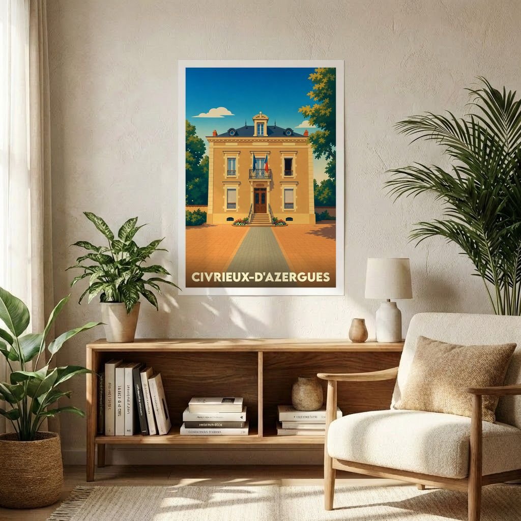 Affiche souvenir de la ville de Civrieux-d'Azergues avec une illustration stylisée de sa mairie.