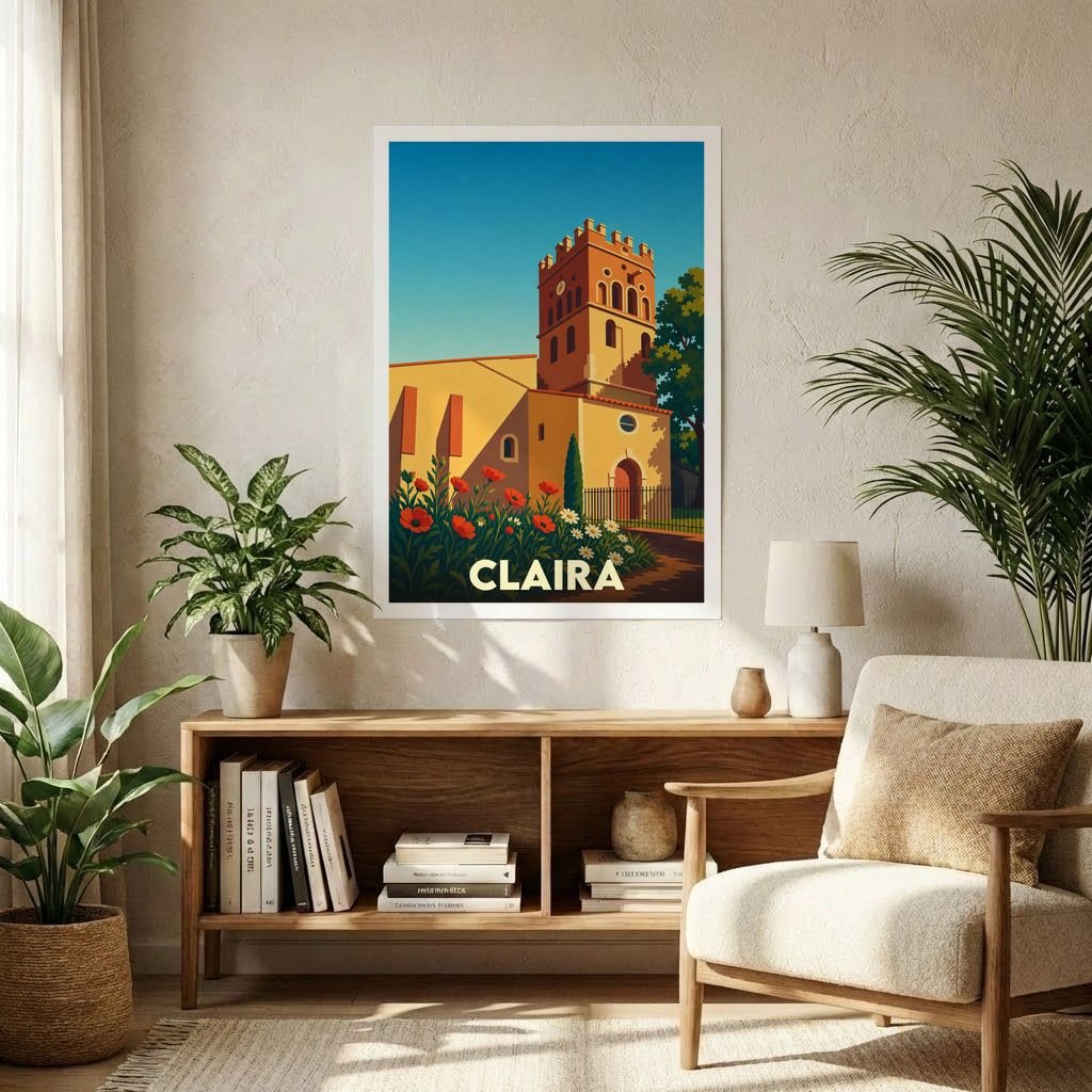Affiche souvenir de la ville de Claira avec une illustration stylisée de son église et de fleurs champêtres.