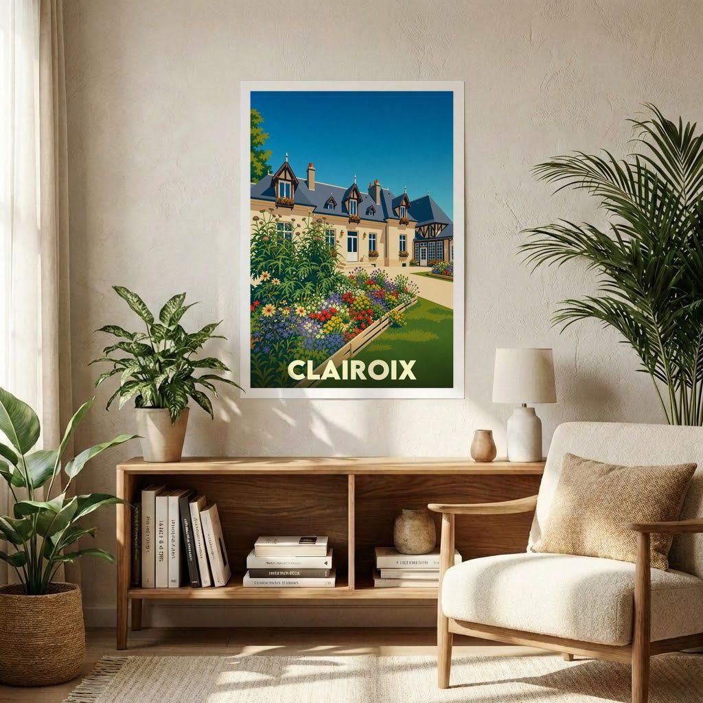 Affiche souvenir de la ville de Clairoix avec une illustration stylisée d'une maison de maître fleurie.
