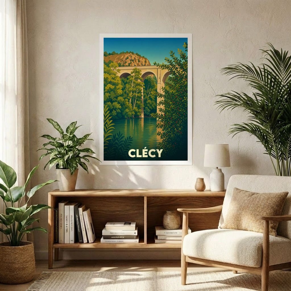 Affiche souvenir de la ville de Clécy avec une illustration stylisée de son viaduc et de l'Orne.