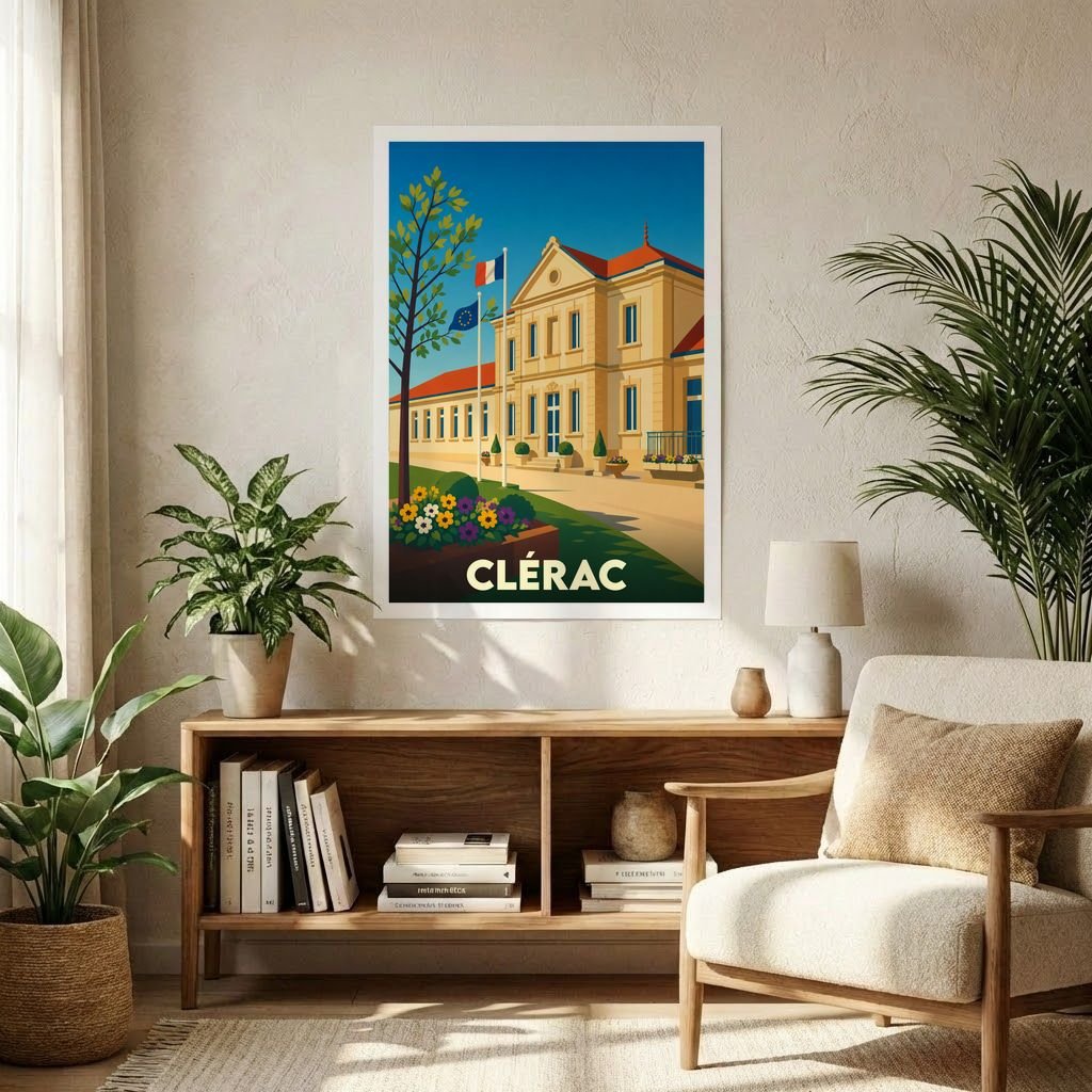 Affiche souvenir de la ville de Clérac avec une illustration stylisée de sa mairie.