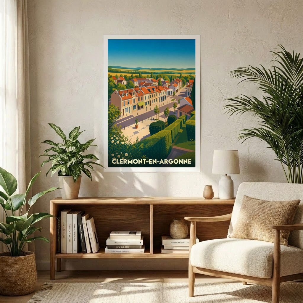 Affiche souvenir de la ville de Clermont-en-Argonne avec une illustration stylisée.