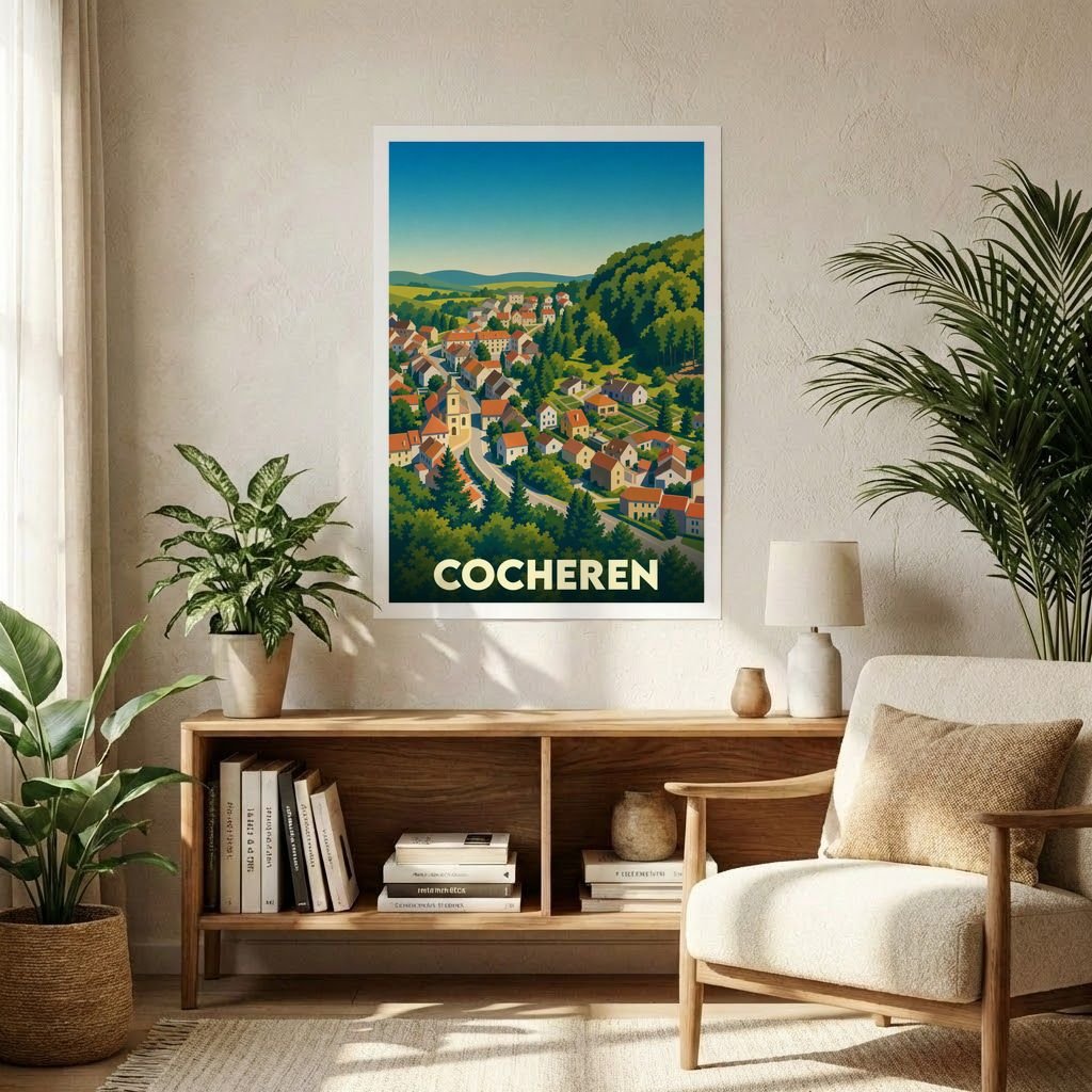 Affiche souvenir de la ville de Cocheren avec une illustration stylisée.