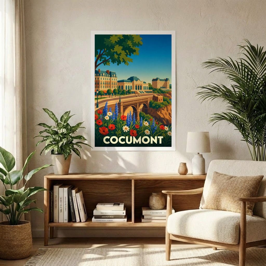 Affiche souvenir de la ville de Cocumont avec une illustration de style vintage représentant son architecture et son paysage.