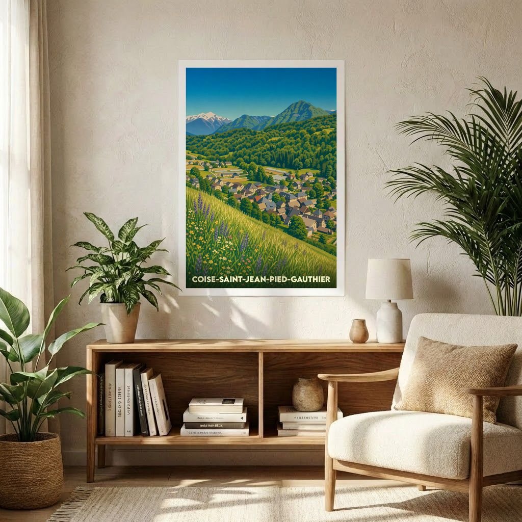 Affiche souvenir de la ville de Coise-Saint-Jean-Pied-Gauthier avec une illustration stylisée de ses paysages montagneux.