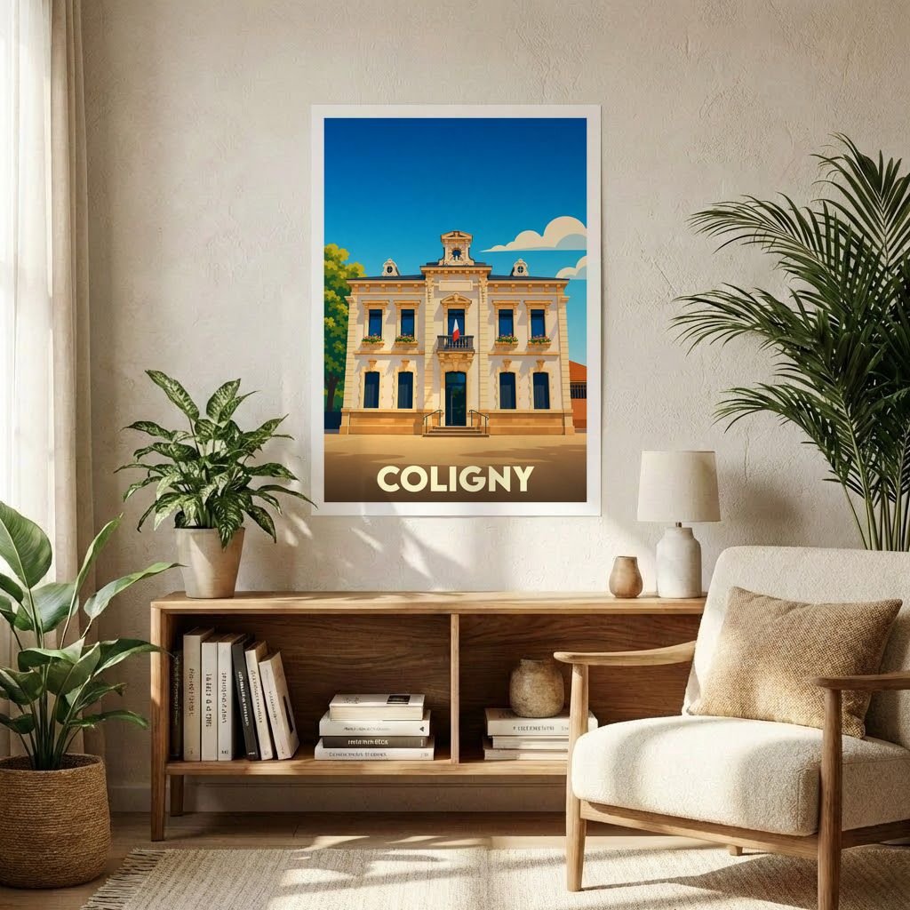Affiche souvenir de la ville de Coligny avec une illustration stylisée de son architecture.