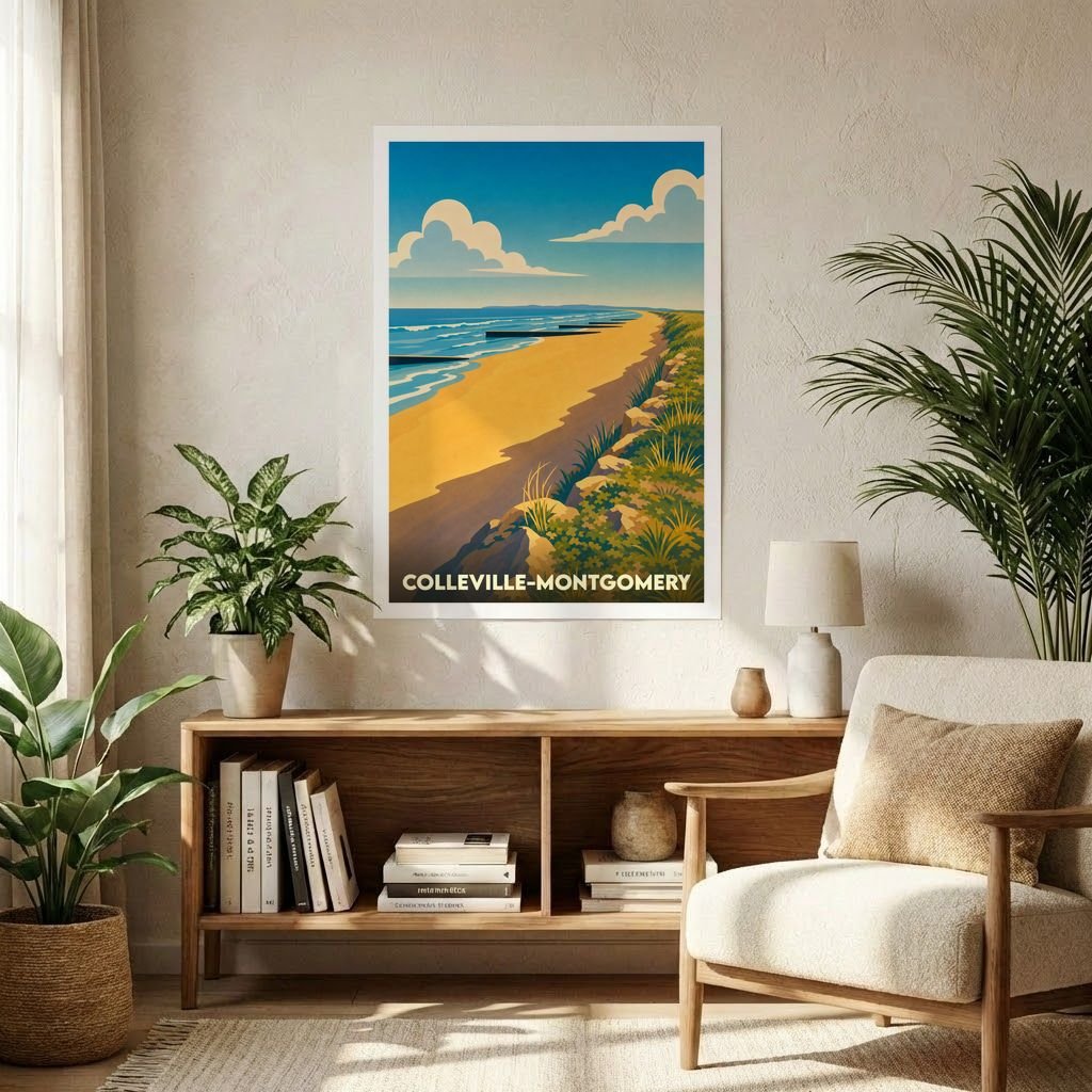 Affiche souvenir de la ville de Colleville-Montgomery avec une illustration stylisée de sa plage.