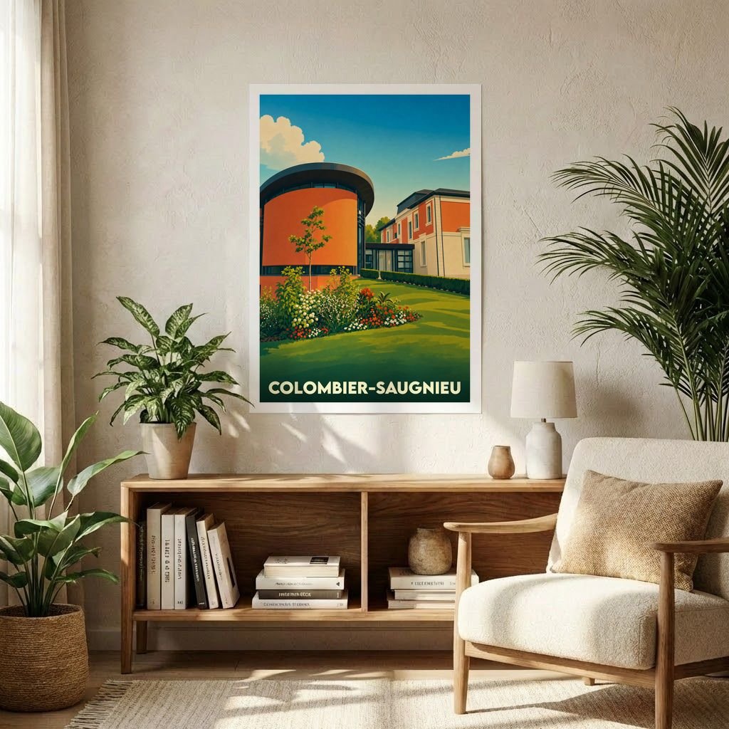 Affiche souvenir de la ville de Colombier-Saugnieu avec une illustration stylisée d'un bâtiment moderne et de ses jardins.