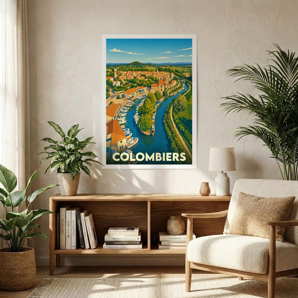 Affiche souvenir de la ville de Colombiers avec une illustration stylisée et colorée.